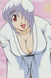 Rule 34 | 00s, 1girl, :d, belt, bent over, black belt, black sash, breasts, cleavage, collarbone, hair ornament, hair over one eye, japanese clothes, kimono, large breasts, long image, mizore, open mouth, pugyuru, red eyes, sash, smile, solo, sparkle, sparkle background, star (symbol), starry background, stitched, tall image, third-party edit, white hair, white kimono, yuki onna
