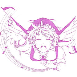 Rule 34 | 1girl, animal ears, closed eyes, dress, hat, hi you (flying bear), monochrome, music, musical note, mystia lorelei, open mouth, short hair, simple background, singing, solo, touhou, white background, wings
