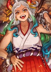 Rule 34 | 1girl, aqua hair, bare arms, bare shoulders, breasts, chain, cleavage, club, club (weapon), collarbone, cuffs, curled horns, earrings, fangs, fingernails, fujitachobi, green hair, hair ornament, hair stick, hakama, hakama skirt, hand on own hip, hand up, high ponytail, highres, holding, holding weapon, horns, japanese clothes, jewelry, kanabou, kimono, long hair, looking at viewer, multicolored hair, multicolored horns, one piece, oni, open mouth, orange eyes, orange horns, over shoulder, red horns, rope, shackles, shimenawa, sideboob, signature, skirt, sleeveless, sleeveless kimono, smile, smoke, solo, weapon, weapon over shoulder, white hair, yamato (one piece)