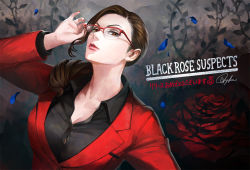 Rule 34 | 1girl, adjusting eyewear, arm up, black rose suspects, black shirt, breasts, brown eyes, brown hair, cleavage, closed mouth, collarbone, collared shirt, commentary request, copyright name, fingernails, flower, formal, glasses, jacket, large breasts, lips, long fingernails, long hair, long sleeves, looking at viewer, low ponytail, mature female, nail polish, norma martell, official art, over-rim eyewear, petals, red-framed eyewear, red jacket, red lips, red nails, red rose, rose, rose petals, semi-rimless eyewear, shirt, signature, solo, suit, tajima yukie, upper body, wing collar