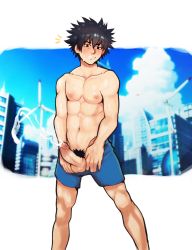 Rule 34 | 1boy, black hair, blue shorts, blush, cityscape, cum, ejaculation, erection, feet out of frame, handsfree ejaculation, highres, kamijou touma, looking at viewer, male focus, male pubic hair, nipples, penis, projectile cum, pubic hair, robokeh, short hair, shorts, solo, spiked hair, testicles, toaru majutsu no index, toned, toned male, topless male, uncensored