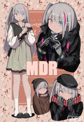 Rule 34 | 1girl, absurdres, artist name, bangle, beret, black gloves, black hat, blue eyes, blush, bracelet, breasts, character name, closed eyes, closed mouth, dress, garin, girls&#039; frontline, gloves, grey hair, hat, heterochromia, highres, jewelry, long hair, looking at viewer, mdr (girls&#039; frontline), multicolored hair, multiple views, off shoulder, one eye closed, open mouth, phone, pink eyes, pink hair, plaid, plaid scarf, scarf, side ponytail, sidelocks, slippers, smile, socks, streaked hair