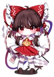 Rule 34 | 1girl, :/, ahoge, ascot, blush, bow, brown hair, chibi, closed mouth, commentary request, detached sleeves, frilled bow, frilled hair tubes, frilled shirt collar, frills, full body, gohei, hair bow, hair tubes, hakurei reimu, highres, long hair, long sleeves, petticoat, red bow, red eyes, red skirt, red vest, shadow, simple background, skirt, skirt set, sleeves past fingers, sleeves past wrists, solo, standing, tohou89, torii, touhou, v-shaped eyebrows, vest, white background, wide sleeves, yellow ascot