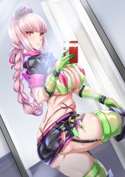 Rule 34 | 1girl, ass, ayuayu (shouyu no sato), back, belt, bikini, blush, boots, braid, breasts, cellphone, cleavage, fate/grand order, fate (series), florence nightingale (fate), florence nightingale (trick or treatment) (fate), gloves, green bikini, green gloves, green thighhighs, hat, large breasts, latex, latex gloves, long hair, looking at viewer, nurse cap, official alternate costume, phone, pink bikini, pink eyes, pink hair, reflection, shrug (clothing), skirt, smartphone, solo, swimsuit, syringe, thigh boots, thighhighs, whale tail (clothing)