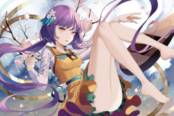 Rule 34 | 1girl, arm up, ass, bare legs, barefoot, biwa lute, black ribbon, blue sash, branch, breasts, cherry blossoms, cloude, commentary request, dress, feet, feet out of frame, flower, hair flower, hair ornament, hand up, highres, instrument, leaf, light particles, long hair, long sleeves, looking at viewer, low twintails, lute (instrument), medium breasts, neck ribbon, parted lips, petals, petticoat, purple eyes, purple hair, reeh (yukuri130), ribbon, sash, shirt, short dress, smile, solo, staff (music), thighs, touhou, tsukumo benben, twintails, white flower, white shirt, yellow dress