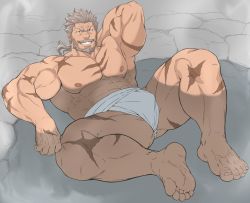 Rule 34 | 1boy, abs, arm behind back, bara, beard, biceps, bulge, facial hair, full body, fundoshi, granblue fantasy, grey hair, japanese clothes, large pectorals, long hair, lying, male focus, male underwear, manly, muscular, mustache, nipples, old, old man, on back, onsen, partially submerged, pectorals, see-through, sitting, smile, solo, soriz, spread legs, tetsu (kurotetsu1379), thick thighs, thighs, underwear, underwear only, white male underwear