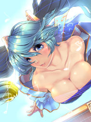 Rule 34 | 1girl, beamed quavers, blue eyes, blue hair, breasts, cleavage, collarbone, large breasts, league of legends, lips, long hair, looking at viewer, low neckline, matching hair/eyes, musical note, quaver, solo, sona (league of legends), staff (music), tororoto, treble clef, twintails