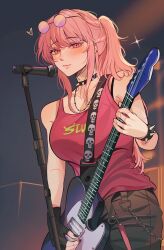 Rule 34 | 1girl, absurdres, alternate costume, amlichan, black nails, bracelet, breasts, chain, choker, electric guitar, guitar, highres, holding, holding guitar, holding instrument, hololive, hololive english, instrument, jewelry, large breasts, long hair, looking at viewer, medium breasts, microphone, mori calliope, music, pink hair, playing instrument, red eyes, smile, solo, spiked bracelet, spiked choker, spikes, tank top, virtual youtuber