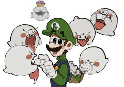 Rule 34 | 1boy, basket, blue eyes, blush stickers, boo (mario), brown hair, candy, crown, closed eyes, facial hair, fangs, feeding, food, ghost, hat, king boo, long tongue, luigi, luigi&#039;s mansion, mario (series), marshmallow, mimimim9999, mustache, nintendo, open mouth, overalls, saliva, saliva trail, smile, tongue, tongue out, white background