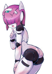 Rule 34 | 1boy, ass, bent over, blush, doll joints, from behind, hair over eyes, hand on leg, isshitaira, joints, male focus, open mouth, robot neoanthropinae polynian, shamrock (polynian), solo, trap, white background