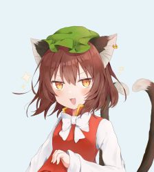 1girl :&gt; :3 :d animal_ears blue_background blush bow bowtie brown_eyes brown_hair cat_ears cat_tail chaki_(kinaneko2149) chen commentary_request cowboy_shot dress fang gold_trim hat highres mob_cap multiple_tails nekomata open_mouth red_dress short_hair simple_background smile solo tail touhou two_tails white_bow white_bowtie