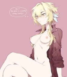 Rule 34 | 1girl, blonde hair, blush, bottomless, breasts, closed mouth, commentary, crossed legs, english commentary, english text, genshin impact, hair between eyes, highres, hilimuc, lumine (genshin impact), medium breasts, naked shirt, nipples, open clothes, open shirt, pink background, red shirt, shirt, short hair with long locks, sidelocks, simple background, sitting, solo, yellow eyes