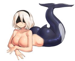 Rule 34 | 1girl, ass, black blindfold, blindfold, borvar, breasts, cetacean tail, closed eyes, completely nude, covered eyes, fins, fish tail, hand on own chest, headband, highres, huge ass, large breasts, lying, mermaid, monster girl, monsterification, nier:automata, nier (series), nude, on stomach, solo, tail, white background, white hair, 2b (nier:automata)