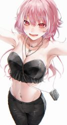Rule 34 | 1girl, :d, armpits, bare shoulders, breasts, cleavage, highres, jewelry, lighter, long hair, looking at viewer, midriff, mole, mole under eye, navel, navel piercing, necklace, open mouth, original, piercing, pink hair, red eyes, sinomi, smile, solo, strapless, tube top
