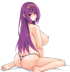 Rule 34 | 1girl, ass, back, barefoot, breasts, butt crack, fate/grand order, fate (series), hair between eyes, hayama kazusa, highres, large breasts, long hair, looking at viewer, looking back, nipples, purple hair, red eyes, scathach (fate), scathach skadi (fate), sideboob, sitting, solo, thighs, tiara, topless, wariza