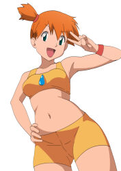 Rule 34 | 1girl, :d, breasts, commentary request, commission, creatures (company), eyelashes, game freak, green eyes, hand on own hip, hand up, happy, highres, looking at viewer, looking down, medium breasts, midriff, misty (pokemon), navel, nintendo, open mouth, orange hair, pixiv commission, pokemon, pokemon rgby, shirt, shorts, side ponytail, simple background, sleeveless, sleeveless shirt, smile, solo, tongue, white background, wristband, yellow shirt, yellow shorts, yotsuba ichinose