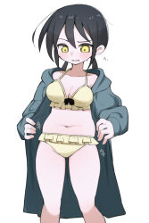 Rule 34 | 1girl, alternate costume, alternate hairstyle, bikini, black eyes, black hair, blush, breasts, cleavage, coat, commentary request, feet out of frame, frilled bikini, frills, grey coat, highres, hood, hood down, hooded coat, long hair, long sleeves, looking at self, looking down, low twintails, medium breasts, navel, nicomi-chan, null-meta, open clothes, open coat, open mouth, plump, raised eyebrow, simple background, solo, souen chiaki, standing, sweat, swimsuit, translation request, twintails, weight conscious, white background, yellow bikini, yellow eyes
