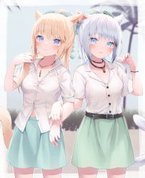Rule 34 | 2girls, animal ears, warrior of light (ff14), blonde hair, blue eyes, blue skirt, blush, breasts, cat ears, cat girl, cat tail, closed mouth, collarbone, collared shirt, dress shirt, ear piercing, facial mark, fictional persona, final fantasy, final fantasy xiv, green skirt, hair between eyes, hair ribbon, hand up, kanora, miqo&#039;te, multiple girls, parted lips, piercing, plaid, plaid ribbon, ponytail, ribbon, shirt, short sleeves, silver hair, skirt, small breasts, smile, standing, tail, whisker markings, white shirt