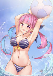 Rule 34 | 1girl, absurdres, aircraft, airplane, ball, beachball, bikini, breasts, cat, highres, hololive, minato aqua, minato aqua (hololive summer 2019), neko (minato aqua), ocean, pizza (pizzania company), sunlight, swimsuit, thighs, virtual youtuber, water, waves