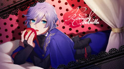 Rule 34 | 13 (bbr584607091), 1boy, apple, aqua eyes, arm support, belt, black shirt, commentary, curtains, epel felmier, food, fruit, highres, holding, holding food, holding fruit, lace trim, looking at viewer, lying, male focus, on stomach, open mouth, pillow, polka dot, polka dot background, purple hair, purple robe, robe, romeo to cinderella (vocaloid), shadow, shirt, short hair, solo, symbol-only commentary, twisted wonderland