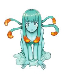 Rule 34 | 1girl, all fours, blue eyes, blue skin, breasts, cleavage, collarbone, colored skin, full body, highres, itadaku, large breasts, long hair, looking at viewer, monster girl, nude, open mouth, original, simple background, slime (substance), slime girl, solo, tentacle hair, white background