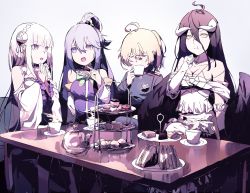 Rule 34 | 4girls, :d, absurdres, ahoge, albedo (overlord), aqua (konosuba), bad id, bad pixiv id, bare shoulders, black feathers, black wings, blonde hair, blue eyes, blue hair, blue shirt, blunt bangs, bow, braid, brooch, cake, chair, closed eyes, collarbone, commentary request, crossover, cup, demon girl, demon horns, demon wings, detached sleeves, dress, drinking, eating, elbow gloves, emilia (re:zero), feathered wings, feathers, flower, food, french braid, frilled dress, frilled gloves, frills, gloves, green bow, green ribbon, hair flower, hair ornament, hair rings, highres, holding, holding cup, horns, isekai quartet, jewelry, kono subarashii sekai ni shukufuku wo!, lamy, light purple hair, long hair, looking at another, low wings, medal, military, military uniform, multiple girls, open mouth, overlord (maruyama), own hands together, pointing, pointy ears, purple eyes, re:zero kara hajimeru isekai seikatsu, ribbon, rose, sandwich, shirt, sitting, smile, talking, tanya degurechaff, teacup, teapot, tiered tray, uniform, white dress, white flower, white gloves, white rose, white sleeves, wings, yellow eyes, youjo senki