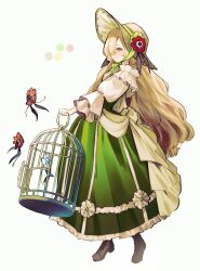 Rule 34 | 1girl, birdcage, blonde hair, blush, boots, cage, creature, dress, familiar, flower, frilled dress, frills, full body, green dress, green hair, hair over one eye, hat, hat flower, highres, isekai joucho, kamitsubaki studio, lowlay60, multicolored hair, red flower, smile, solo, two-tone hair, virtual youtuber