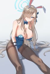 Rule 34 | 1girl, asuna (blue archive), asuna (bunny) (blue archive), bare shoulders, blue archive, blue bow, blue bowtie, blue eyes, blue halo, blue leotard, bow, bowtie, breasts, brown pantyhose, closed mouth, collarbone, gloves, hair over one eye, hairband, halo, highres, huge breasts, kadokadokado, leotard, light brown hair, long hair, looking at viewer, mole, mole on breast, pantyhose, sitting, solo, thighs, very long hair, white gloves, white hairband