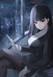Rule 34 | 1girl, black hair, black pantyhose, black skirt, black suit, blanc (blanc97), blue archive, blunt bangs, breasts, bright pupils, cityscape, commentary request, crossed legs, formal, halo, highres, holding, holding tablet pc, large breasts, long hair, long sleeves, looking at viewer, night, open mouth, pantyhose, pleated skirt, red eyes, rio (blue archive), sitting, skirt, solo, suit, tablet pc, turtleneck, very long hair