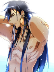 Rule 34 | 1boy, abs, black hair, earrings, hoop earrings, jewelry, long hair, magi the labyrinth of magic, male focus, manly, matsuo shin, mouth hold, topless male, sinbad (magi), solo, wet