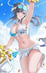 Rule 34 | 1girl, arm up, armpits, bare arms, bare shoulders, blue archive, blue eyes, blue sky, breasts, chain-link fence, cheerleader, cleavage, cloud, commentary request, crop top, cyicheng, day, eyewear on head, fence, grey hair, hibiki (blue archive), holding, holding pom poms, large breasts, long hair, midriff, miniskirt, navel, pleated skirt, pom pom (cheerleading), pom poms, shoes, skirt, sky, sneakers, solo, stomach, sunglasses, thighs, white footwear, white skirt