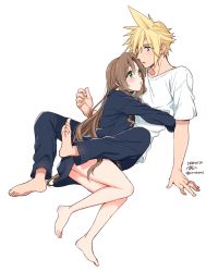 Rule 34 | 1boy, 1girl, 2020, aerith gainsborough, bad id, bad pixiv id, bare legs, barefoot, black pants, black shirt, blonde hair, blue eyes, blush, brown hair, cloud strife, couple, dated, eye contact, final fantasy, final fantasy vii, green eyes, hetero, hug, jewelry, krudears, long hair, long sleeves, looking at another, naked shirt, pants, ring, shirt, simple background, spiked hair, square enix, straight hair, t-shirt, twitter username, very long hair, wedding ring, white background, white shirt