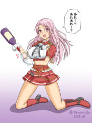 Rule 34 | 1girl, alcohol, armpit cutout, bottle, clothing cutout, commentary request, cup, dated, drinking glass, geru, gloves, gradient background, kantai collection, kneeling, long hair, luigi di savoia duca degli abruzzi (kancolle), one-hour drawing challenge, pink eyes, pink hair, purple background, red gloves, red shirt, red skirt, shirt, skirt, solo, translation request, twitter username, white background, wine, wine bottle, wine glass