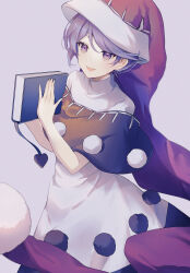 Rule 34 | 1girl, :d, black capelet, black dress, blue eyes, blue hair, blush, book, capelet, commentary request, doremy sweet, dress, grey background, hands up, hat, highres, holding, holding book, looking at viewer, nightcap, oito (bowstringsmall), open mouth, pom pom (clothes), red hat, short hair, simple background, smile, solo, touhou, two-tone dress, upper body, white dress