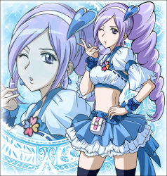 Rule 34 | 00s, 1girl, aono miki, black thighhighs, blue background, blue theme, bow, brooch, choker, crop top, cure berry, drill hair, earrings, fresh precure!, frilled skirt, frills, hair ornament, hairband, hanzou, heart, jewelry, long hair, looking at viewer, magical girl, midriff, one eye closed, ponytail, precure, purple eyes, purple hair, ribbon, side ponytail, skirt, solo, thighhighs, wink, wrist cuffs