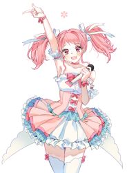 Rule 34 | 1girl, :d, arm up, armpits, bang dream!, bow, bowtie, choker, detached arm, dress, frilled dress, frills, hair ribbon, holding, holding microphone, index finger raised, looking at viewer, maruyama aya, microphone, open mouth, pamipamu, pastel colors, pink bow, pink bowtie, pink choker, pink dress, pink eyes, pink hair, ribbon, sidelocks, simple background, smile, solo, thighhighs, twintails, white background, white ribbon, white thighhighs, wrist bow
