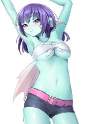Rule 34 | 1girl, arms up, belt, blue skin, blush, breasts, cleavage, colored skin, dragon quest, dragon quest x, fins, head fins, kz ripo, looking at viewer, medium breasts, medium hair, midriff, navel, purple eyes, purple hair, short shorts, shorts, smile, solo, underboob, weddie (dq10), white background