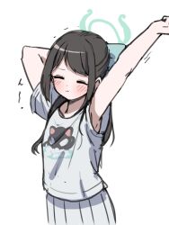 Rule 34 | 1girl, airi (band) (blue archive), airi (blue archive), arm behind head, arm up, armpit peek, black hair, blue archive, blush, bow, closed eyes, closed mouth, green bow, hair bow, halo, highres, long hair, pleated skirt, print shirt, shirt, short sleeves, simple background, sketch, skirt, solo, standing, stretching, t-shirt, trembling, unadon (unadoom), upper body, white background, white shirt, white skirt