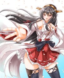 Rule 34 | absurdres, bare shoulders, black hair, blue background, boots, brown eyes, cherry blossoms, commentary request, contrapposto, cowboy shot, detached sleeves, foreshortening, frilled skirt, frills, gradient background, hair ornament, hairband, hairclip, haruna (kancolle), highres, kancolle arcade, kantai collection, kentan (kingtaiki), long hair, petals, red skirt, ribbon-trimmed sleeves, ribbon trim, skirt, smile, solo, standing, thigh boots, thighhighs, white background