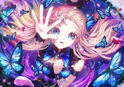 Rule 34 | 1girl, arm strap, arm up, blue eyes, blue gemstone, bug, butterfly, d:, dress, earrings, floating hair, gem, highres, insect, jewelry, light brown hair, long hair, looking at viewer, looking up, open mouth, original, petals, raymond busujima, reaching, reaching towards viewer, solo, very long hair