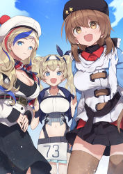 Rule 34 | 3girls, belt, beret, black belt, black bow, black headwear, black skirt, blonde hair, blue eyes, blue hair, blue shawl, blush, bow, breasts, brown eyes, brown hair, brown legwear, buttons, cleavage, closed mouth, collarbone, collared shirt, commandant teste (kancolle), cowboy shot, day, double-breasted, dress, fur hat, gambier bay (kancolle), hair between eyes, hair bow, hair ornament, hairband, hairclip, hat, highres, jacket, kantai collection, large breasts, long hair, long sleeves, low twintails, multicolored clothes, multicolored hair, multicolored scarf, multiple girls, navel, open mouth, papakha, picoli1313, plaid, plaid scarf, pleated skirt, pom pom (clothes), red hair, red shirt, ribbon trim, russian clothes, scarf, shawl, shirt, skirt, smile, star (symbol), streaked hair, swept bangs, tashkent (kancolle), thighhighs, torn clothes, torn scarf, twintails, untucked shirt, wavy hair, white hair, white headwear, white jacket, white scarf