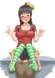 Rule 34 | 1boy, 1girl, black hair, blue eyes, blush, breasts, brown shirt, clothes writing, collarbone, covered erect nipples, cunnilingus, eyebrows, full-face blush, google, google chrome, green thighhighs, hat, hetero, highres, looking at viewer, m/, medium breasts, oral, orgasm, personification, red shirt, shirt, sitting, skirt, smile, striped clothes, striped thighhighs, sweat, t-shirt, thighhighs, trembling, yellow skirt, zheng