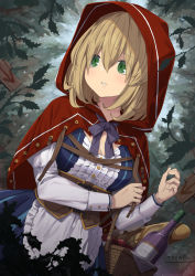 Rule 34 | 1girl, apron, arrow (symbol), artist name, basket, blonde hair, blue dress, bottle, breasts, capelet, center frills, cleavage, commentary request, day, dress, frilled apron, frills, green eyes, hair between eyes, highres, hood, hood up, hooded capelet, original, outdoors, parted lips, red capelet, short hair, sign, signature, small breasts, solo, tyone, waist apron, white apron