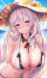 Rule 34 | 1girl, algerie (azur lane), algerie (white sand paradise) (azur lane), algerie (white sand paradise) (azur lane), azur lane, between breasts, bikini, blush, breasts, cleavage, closed mouth, collarbone, commentary, covered erect nipples, detached collar, drill hair, flower, hair between eyes, hand in own hair, hand up, hat, hat flower, head tilt, highres, large breasts, long hair, looking at viewer, mole, mole on breast, mole under eye, navel, outdoors, oyuwari, purple eyes, silver hair, smile, solo, straw hat, sun hat, swimsuit, two-tone bikini, very long hair, wet, white bikini