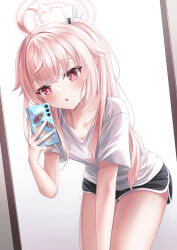 Rule 34 | 1girl, absurdres, black shorts, blue archive, cellphone, collar, dolphin shorts, hair over shoulder, halo, highres, holding, holding phone, leaning forward, long hair, looking at viewer, natsu (blue archive), parted lips, phone, pink hair, red eyes, shira jun, shirt, shorts, sitting, smartphone, solo, white shirt