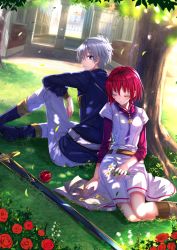 Rule 34 | 1girl, against tree, akagami no shirayukihime, apple, belt, book, boots, building, daisy, dappled sunlight, dress, closed eyes, flower, food, fruit, grass, grey hair, highres, knee boots, leaf, leaning on person, long sleeves, looking back, necktie, open book, outdoors, pants, red flower, red hair, red rose, rose, shirayuki (akagami no shirayukihime), sitting, sleeping, sleeves pushed up, sunlight, sword, swordsouls, tree, under tree, uniform, weapon, zen wistalia