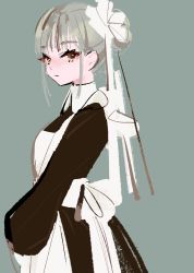 Rule 34 | 1girl, apron, black dress, brown eyes, closed mouth, commentary, cowboy shot, dress, grey background, grey hair, hair bun, highres, long sleeves, looking at viewer, maid, maid apron, maid day, maid headdress, marina (mrn9), original, simple background, single hair bun, solo, white apron