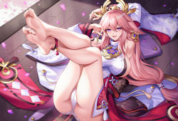 Rule 34 | 1girl, animal ears, anklet, arm over head, armpits, ass, bare legs, barefoot, blush, breasts, cameltoe, artistic error, feet, foot focus, fox ears, genshin impact, hand up, highres, jewelry, kacyu, large breasts, legs, legs up, long hair, looking at viewer, lying, on back, open mouth, pink hair, purple eyes, revision, sideboob, sidelocks, smile, soles, solo, thighs, toes, very long hair, yae miko