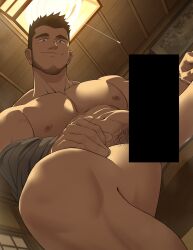 Rule 34 | 1boy, abs, bar censor, bara, bare pectorals, beard stubble, brown hair, censored, facial hair, feet out of frame, foreshortening, from below, head tilt, highres, japanese clothes, kimono, large pectorals, looking at viewer, male focus, male pubic hair, mature male, muscular, muscular male, naked kimono, navel, navel hair, nipples, original, oro9, paid reward available, partially undressed, pectorals, presenting penis, pubic hair, seductive smile, short hair, sitting, smile, solo, spread legs, stubble, thick eyebrows