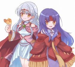 Rule 34 | 2girls, bare shoulders, bird, bird on hand, cape, closed mouth, commentary, dress, fire emblem, fire emblem: radiant dawn, headband, long hair, long sleeves, micaiah (fire emblem), micaiah (queen of dawn) (fire emblem), multiple girls, nintendo, open mouth, parted bangs, purple hair, red headband, rortyfe, sanaki kirsch altina, siblings, sisters, sleeves past fingers, sleeves past wrists, smile, white background, white hair, yellow eyes, yune (fire emblem)